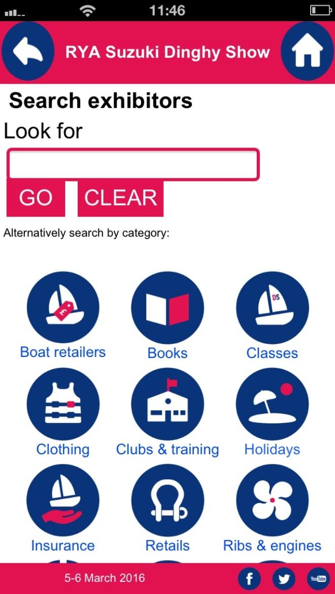 Dinghy Show 2016 app on iPhone (search exhibitors) © RYA